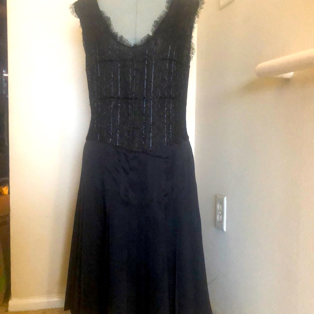 Bill Blass Black dress beaded lace bodice, pleated skirt.